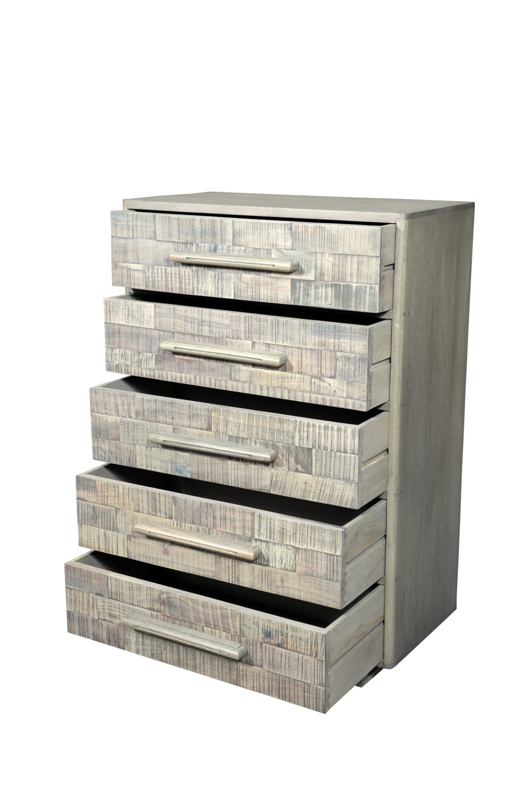 Detail view of geometric carving on 35-Inch Gray Solid Wood Dresser