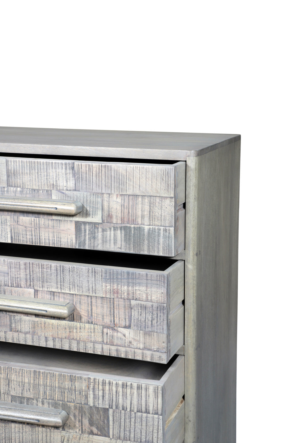 Side angle of 35-Inch Gray Carved Solid Wood Dresser showcasing craftsmanship