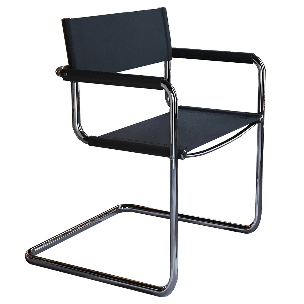 23" Silver And Black Genuine Leather and Stainless Steel Arm Chair