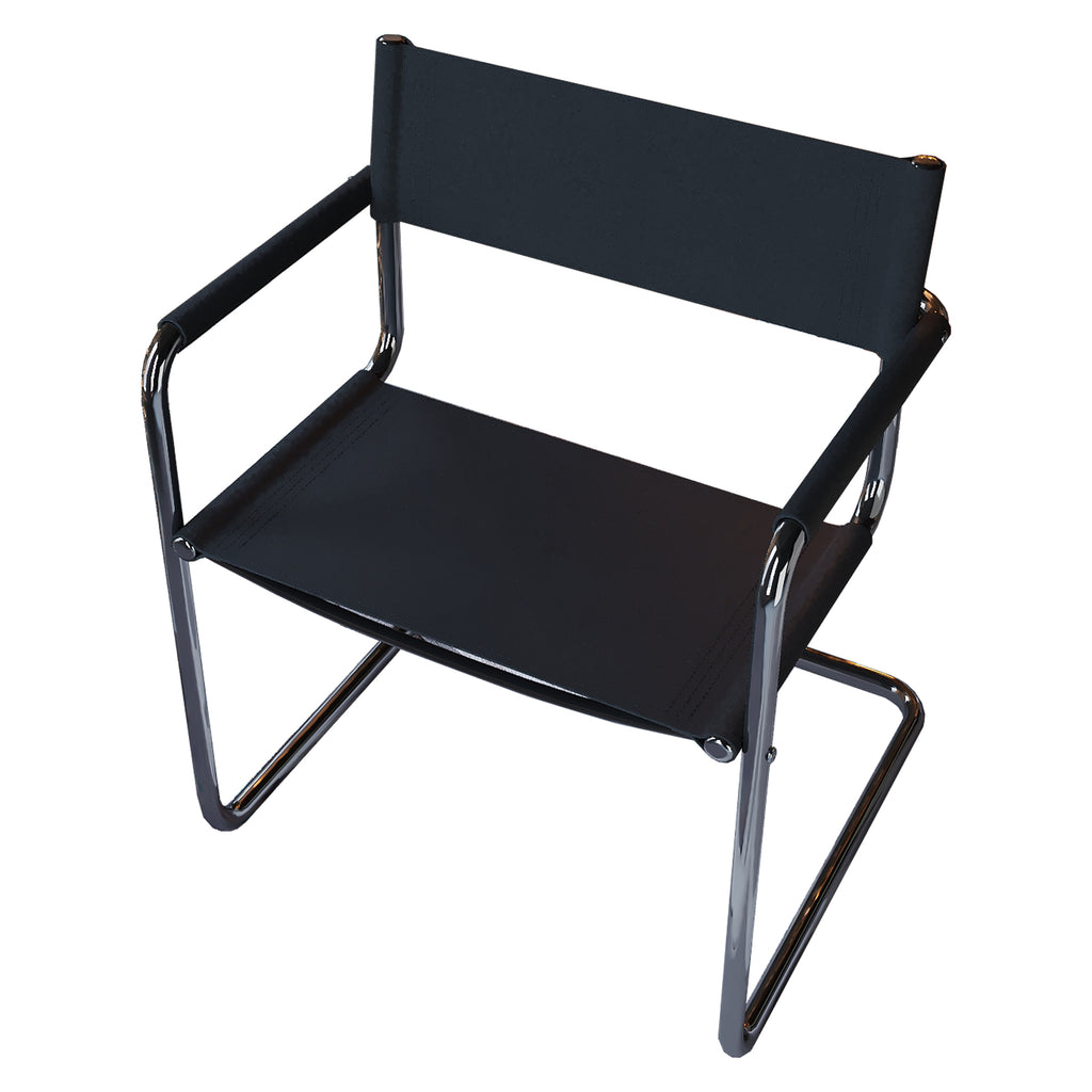 23" Silver And Black Genuine Leather and Stainless Steel Arm Chair