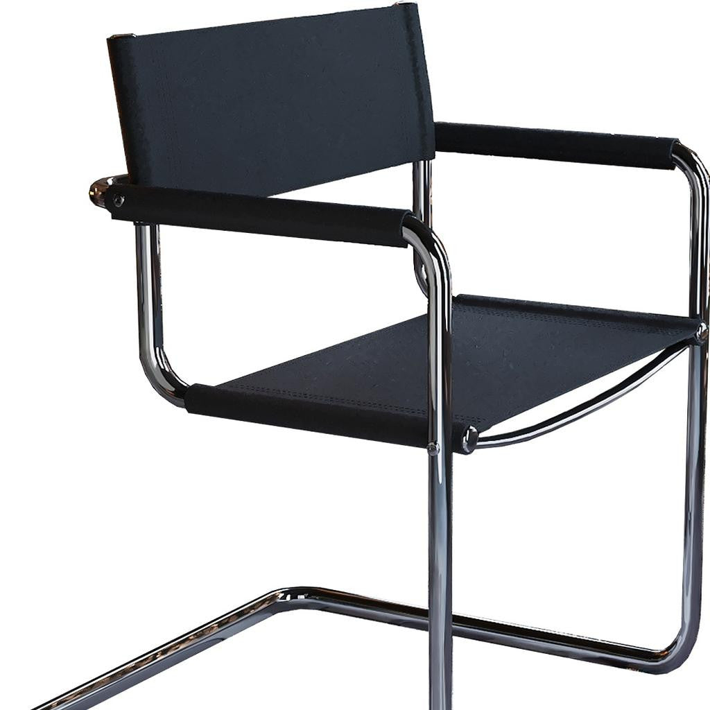 23" Silver And Black Genuine Leather and Stainless Steel Arm Chair