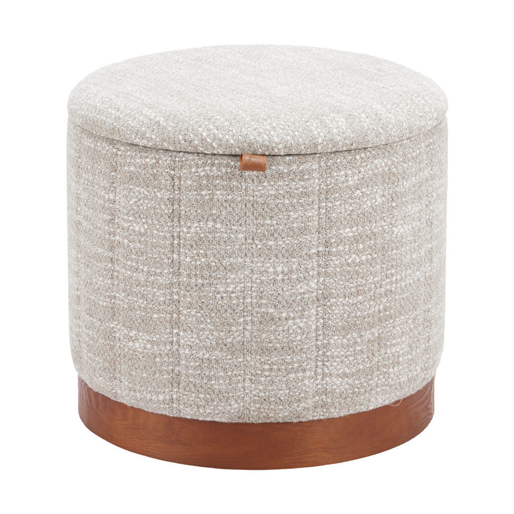 21" Gray and Brown Fabric Round Ottoman With Storage