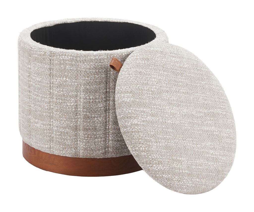 21" Gray and Brown Fabric Round Ottoman With Storage
