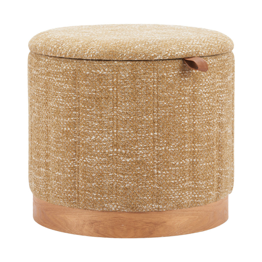 21" Yellow and Natural Fabric Round Ottoman With Storage