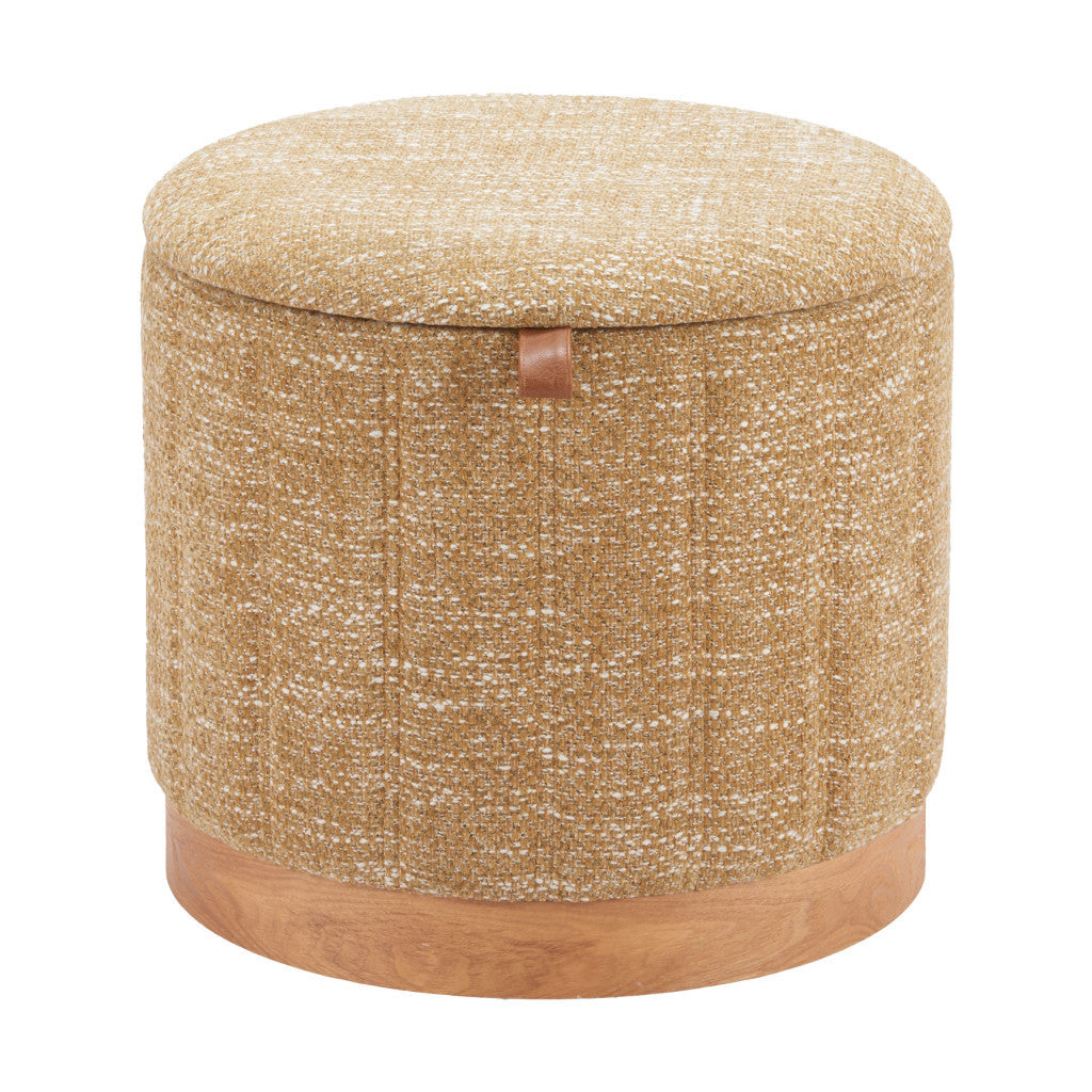 21" Yellow and Natural Fabric Round Ottoman With Storage