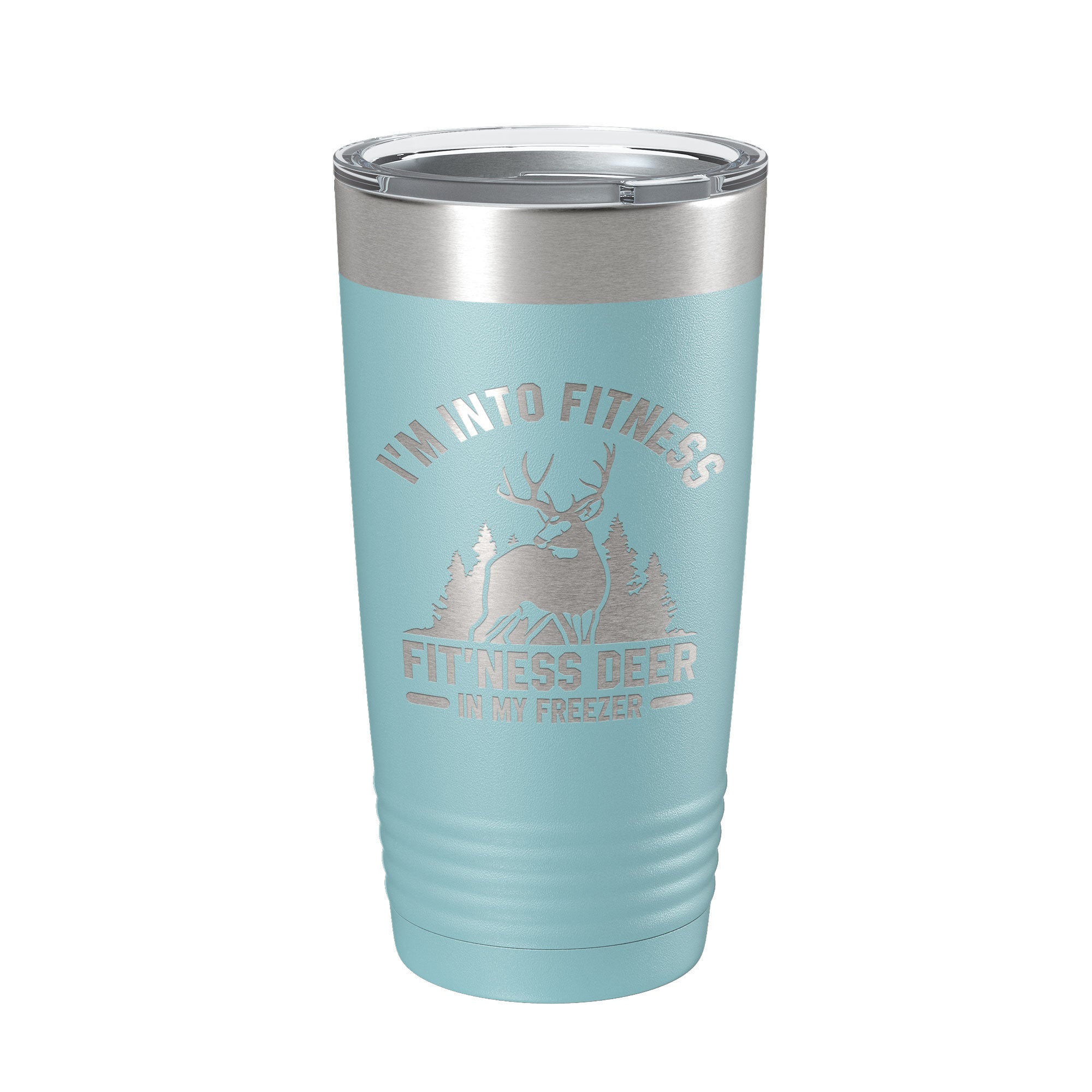 Funny Deer Hunter Travel Mug being used by a happy camper