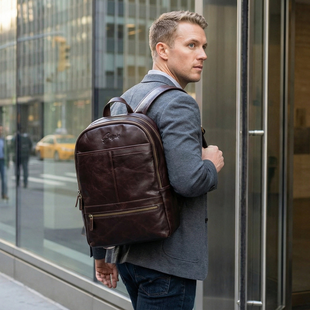 Front view of GERNIE NYC 26 Premium Leather Backpack in rich brown
