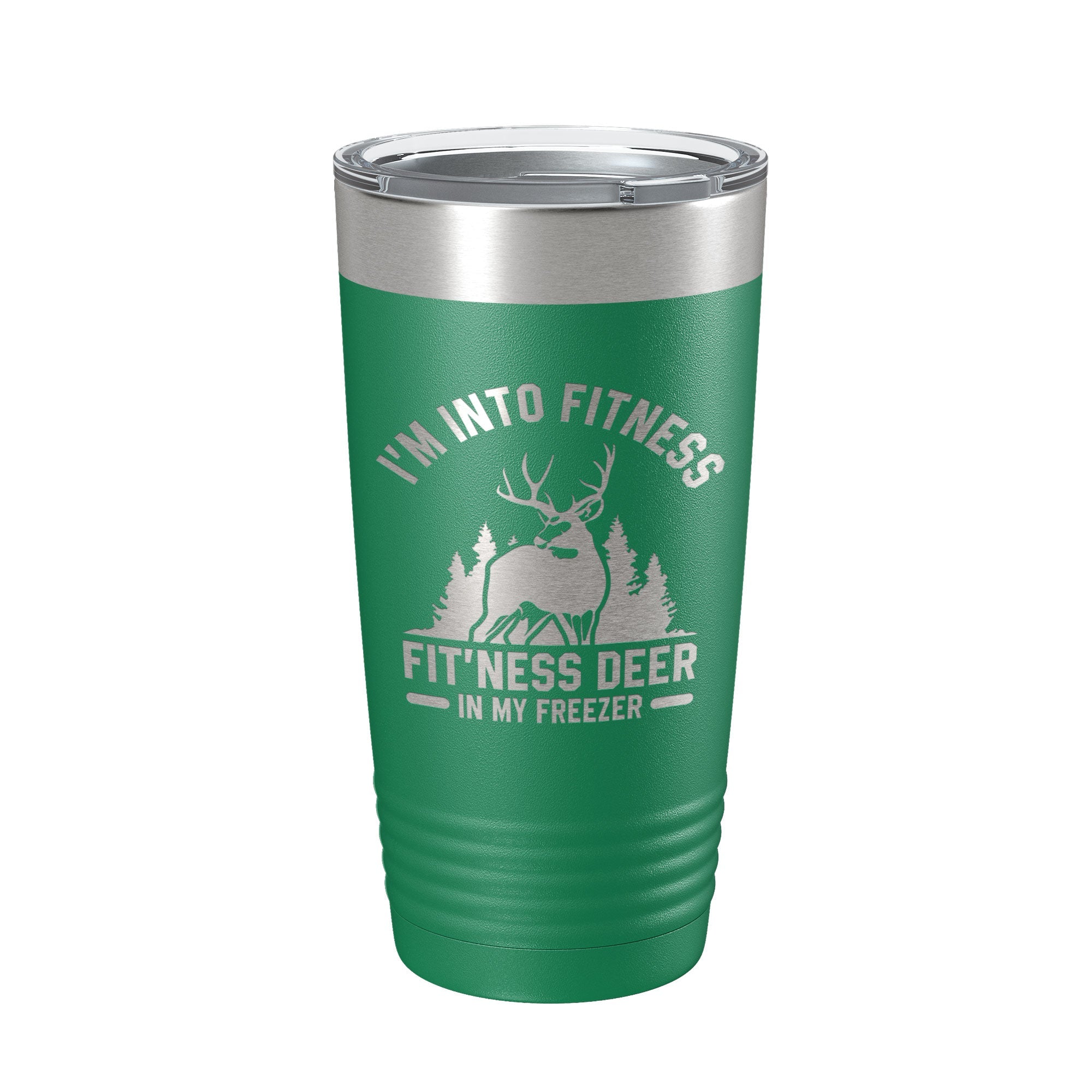 Funny Deer Hunter Travel Mug with hiking gear in the background
