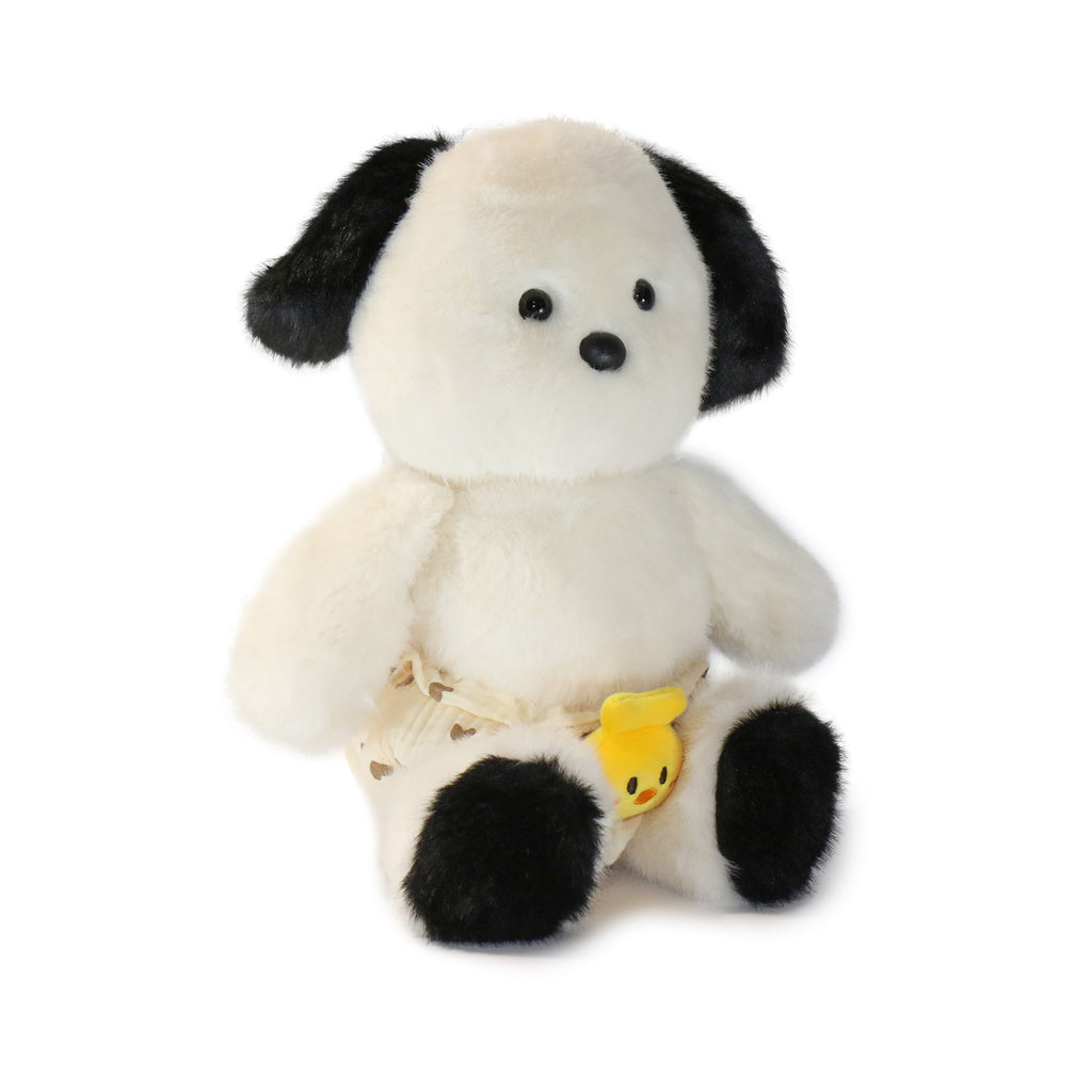 Front view of Lil' Baby Dog Plush Toy by Pambu in cozy shorts