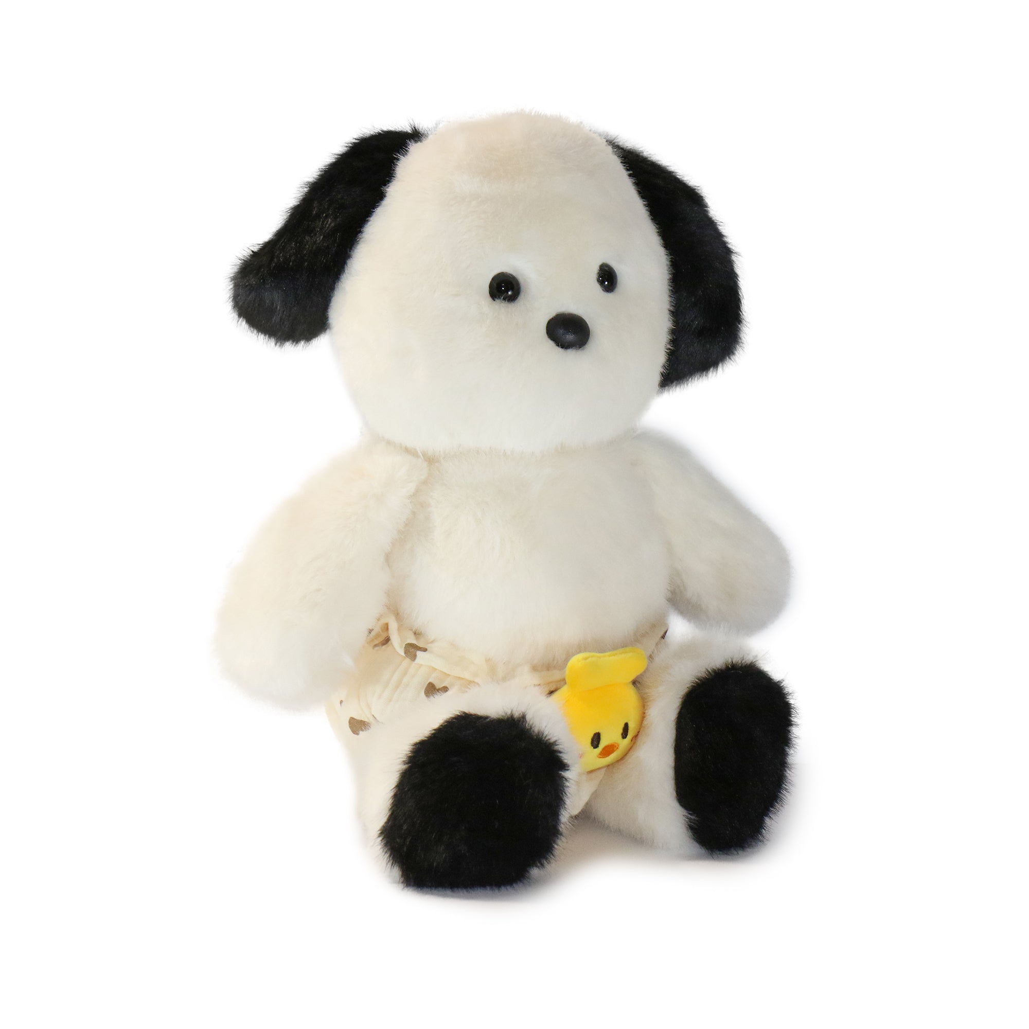 Front view of Lil' Baby Dog Plush Toy by Pambu in cozy shorts