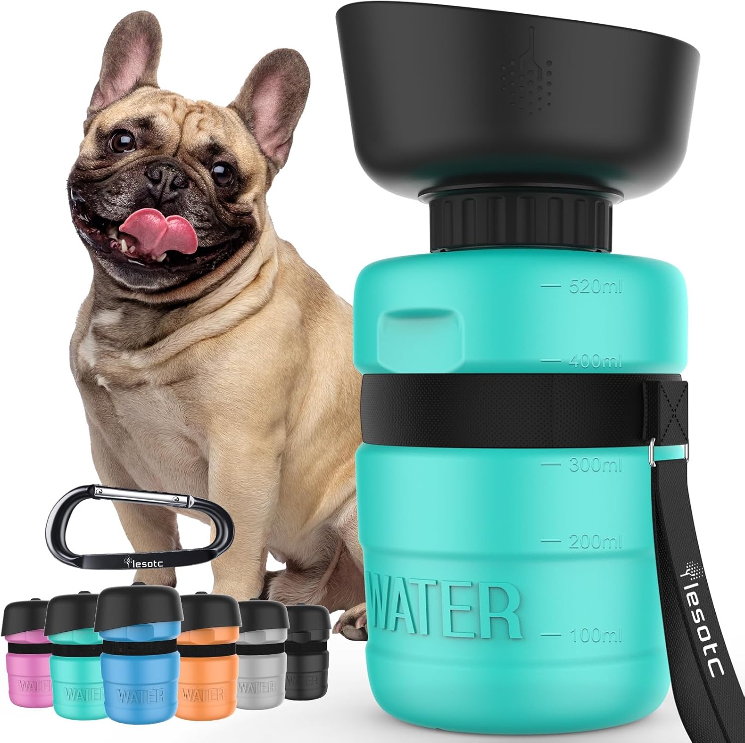 Front view of Foldable Dog Water Bottle in blue by LESOTC Pet Products