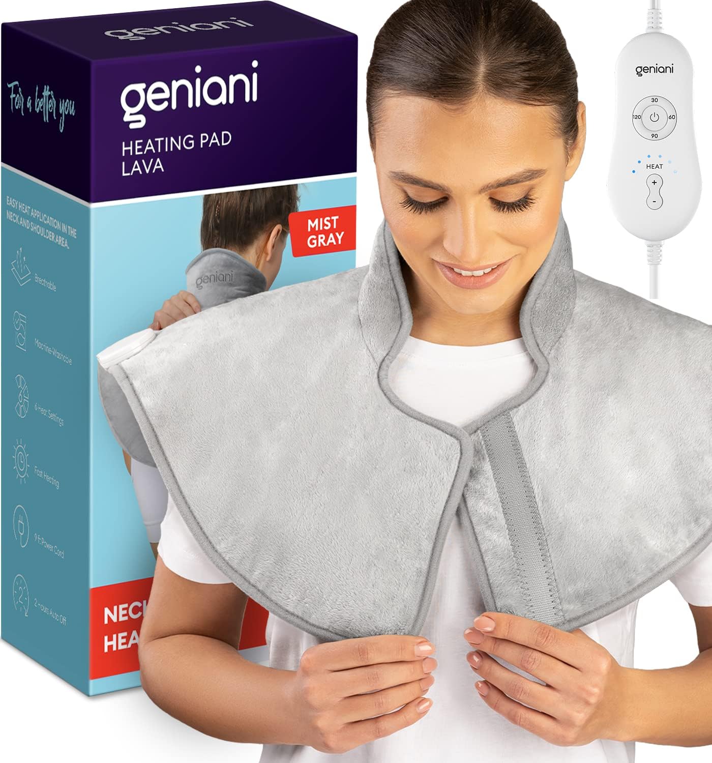 Lifestyle image of Geniani Heating Wrap providing relief to neck and shoulders