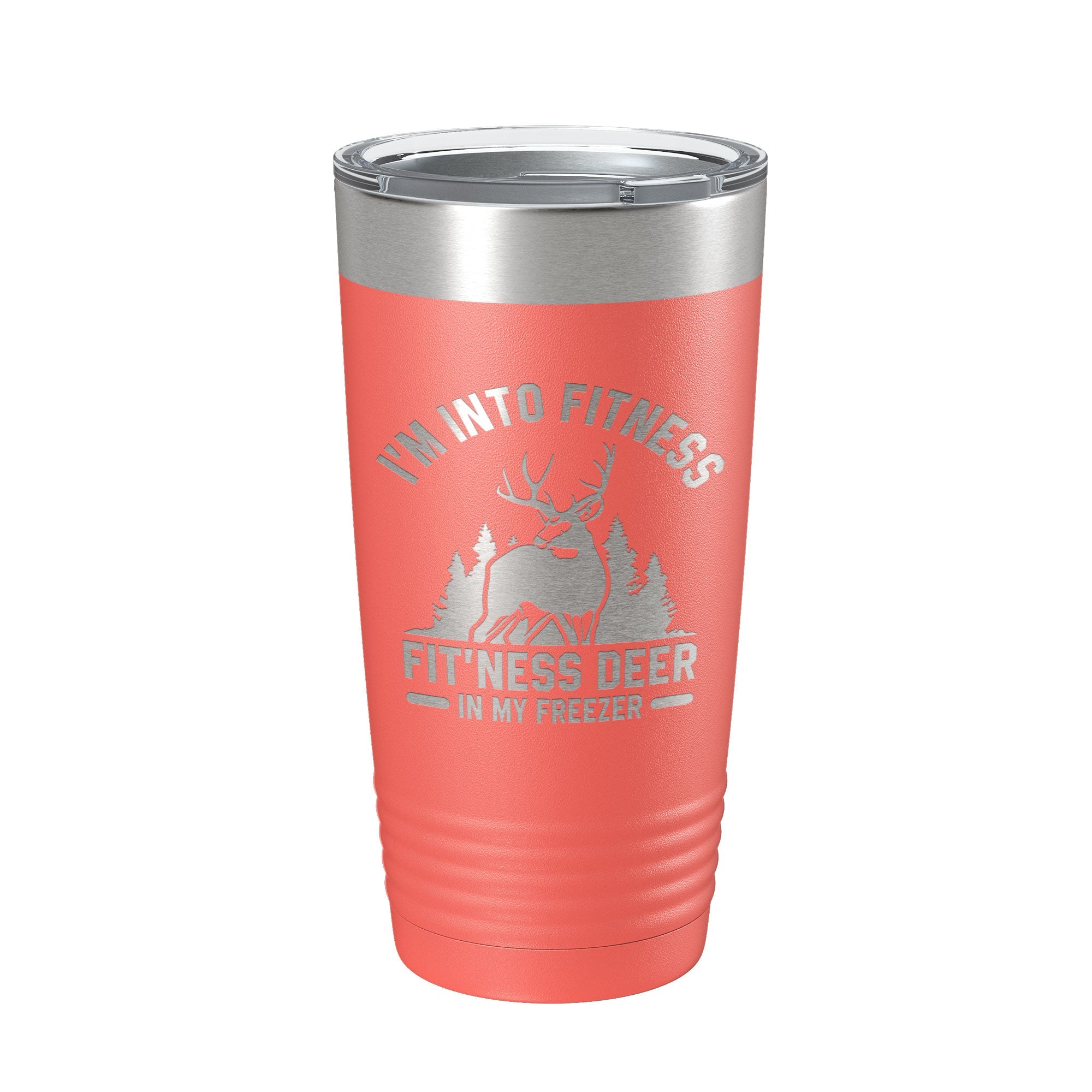 Front view of Funny Deer Hunter Travel Mug in stainless steel by CarveBright
