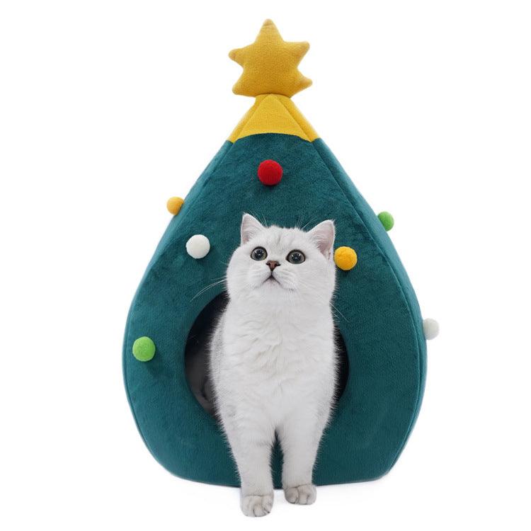 Cozy Christmas Tree Cat Bed in festive design by Dog Hugs Cat