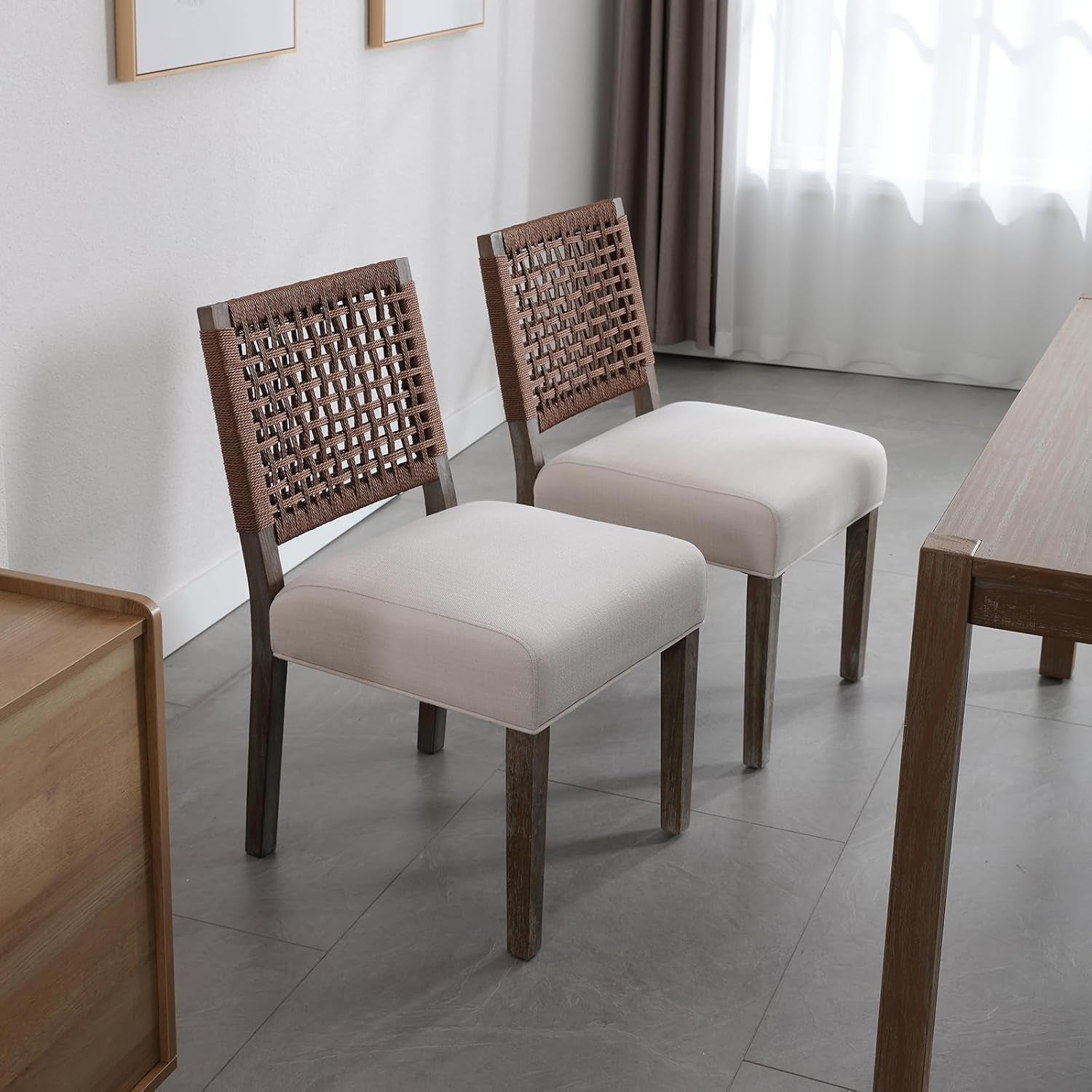 Beige Linen Upholstered Dining Chairs Midcentury Modern