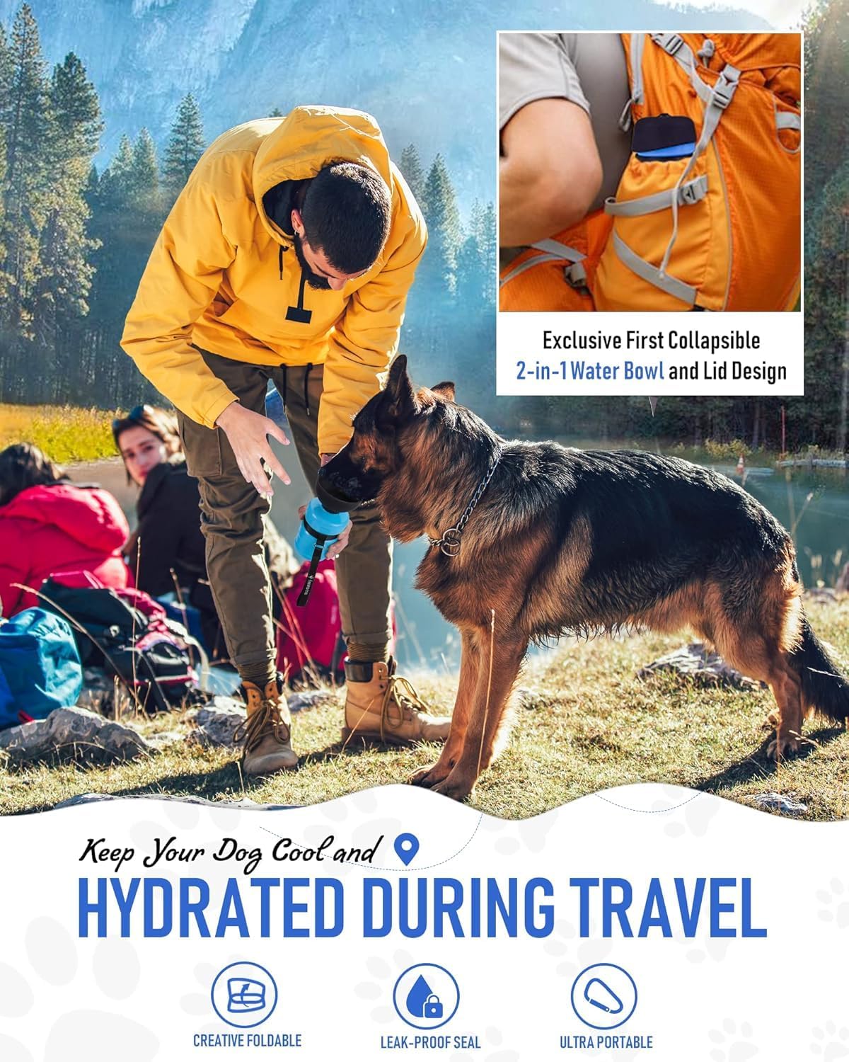 Foldable Dog Water Bottle compactly folded in a backpack