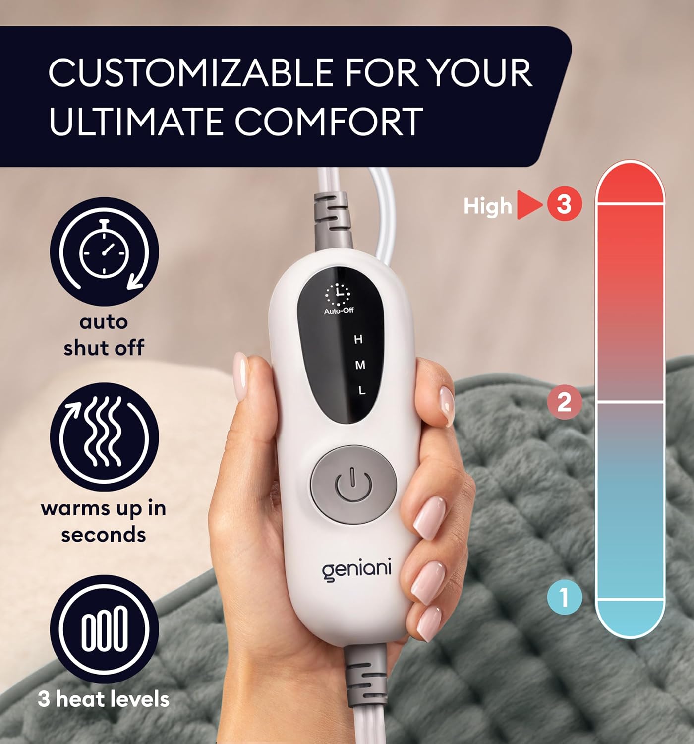 Close-up of Geniani Extra Large Heating Pad controls and fabric texture