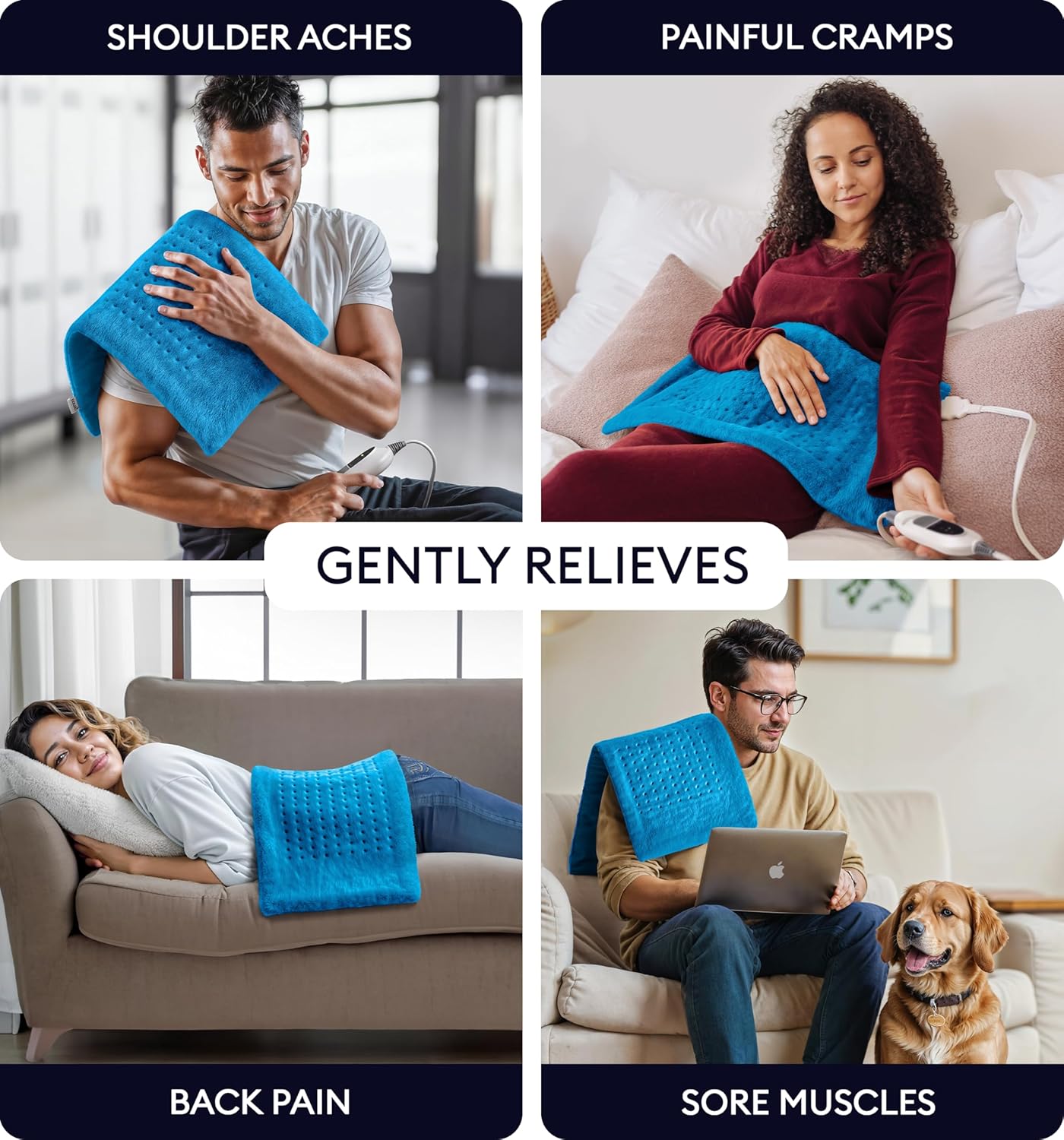 Geniani Extra Large Aqua Blue Heating Pad draped over a chair for muscle relief.