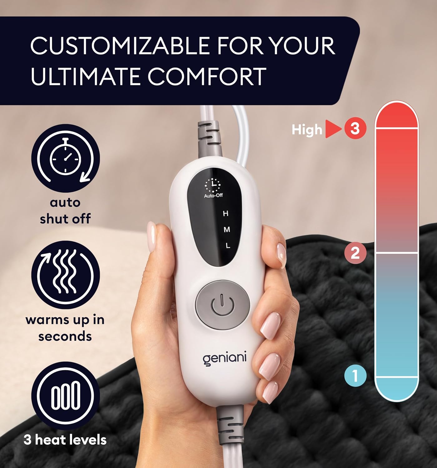 Close-up of the control settings on Geniani Extra Large Heating Pad
