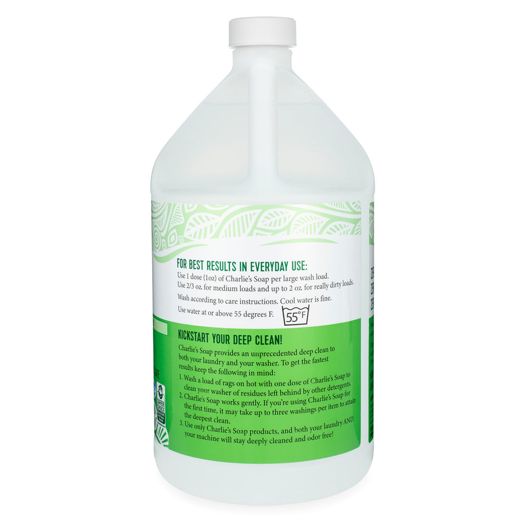 Group of four Charlie's Soap 128oz bottles on a shelf