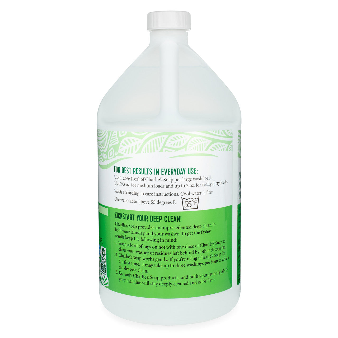 Group of four Charlie's Soap 128oz bottles on a shelf