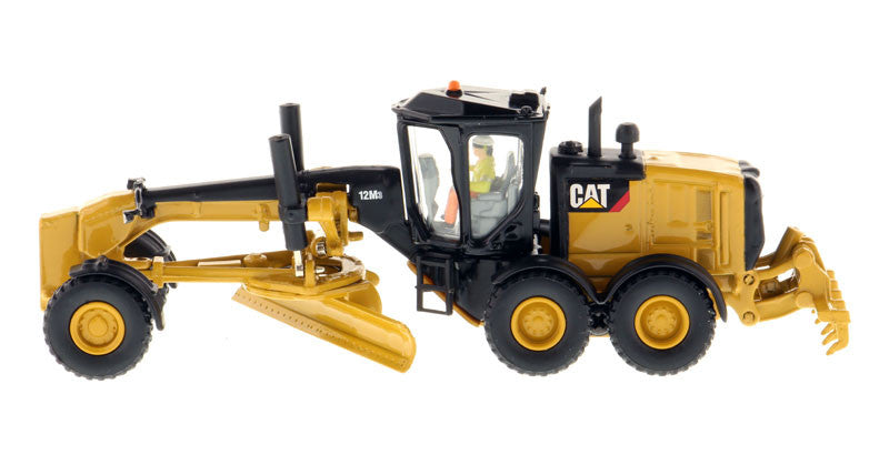 Side view showcasing the intricate design of Diecast CAT 12M3 Grader
