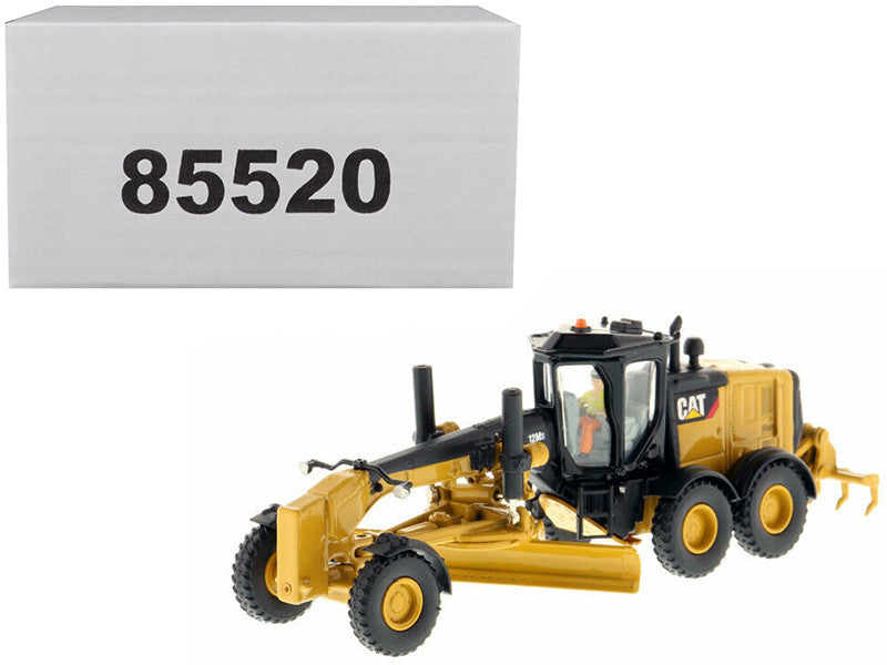Detailed front view of Diecast CAT 12M3 Motor Grader model