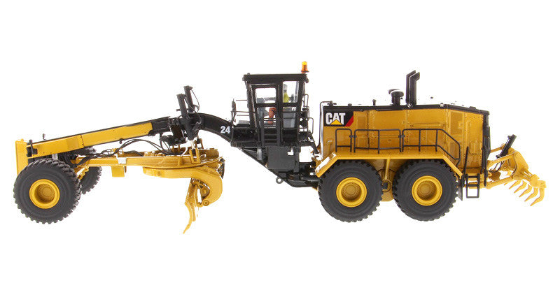 Side angle showcasing CAT Caterpillar 24 Motor Grader diecast model
