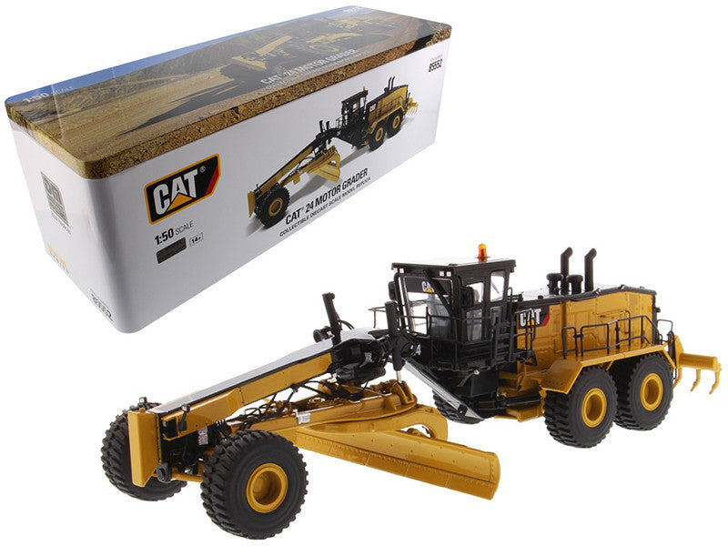 Detailed front view of CAT Caterpillar 24 Motor Grader diecast model