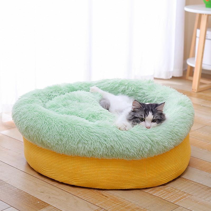 Pet relaxing in Ultimate Cozy Luxury Plush Winter Nest Pet Bed in living room by Dog Hugs Cat