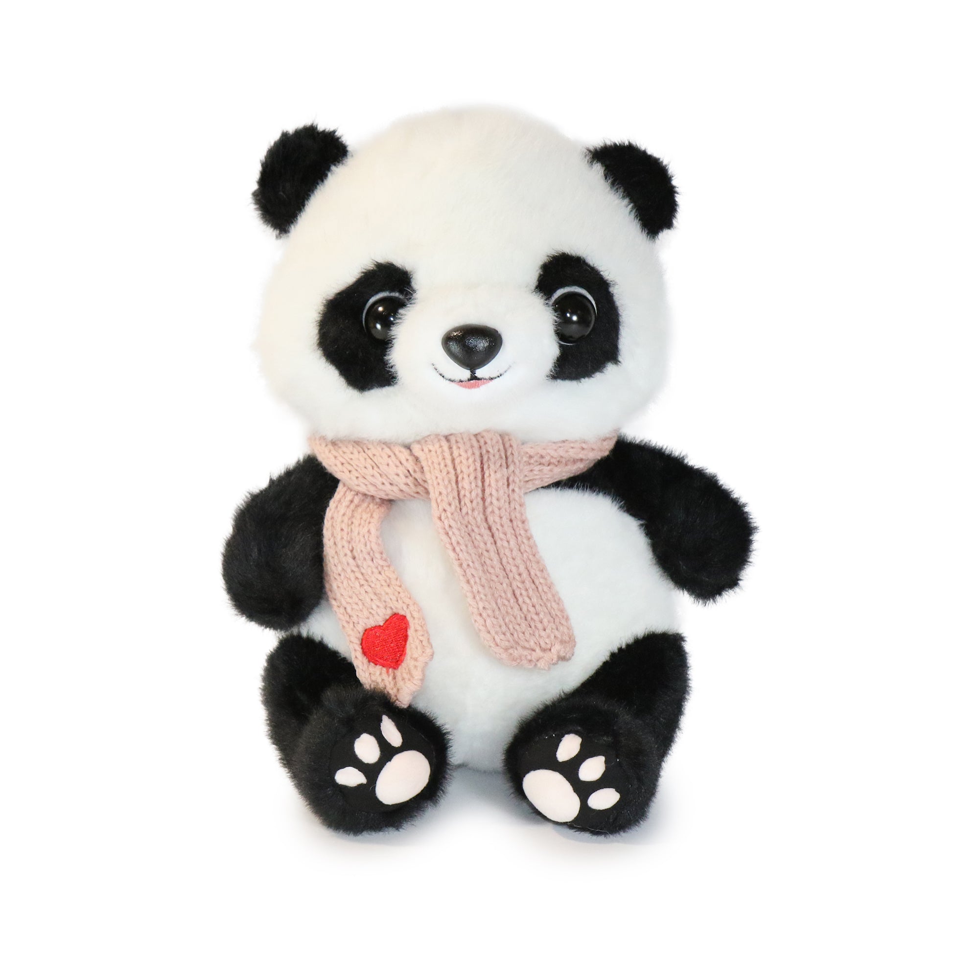 Close-up of Blush Panda Plush Toy's charming heart detail scarf