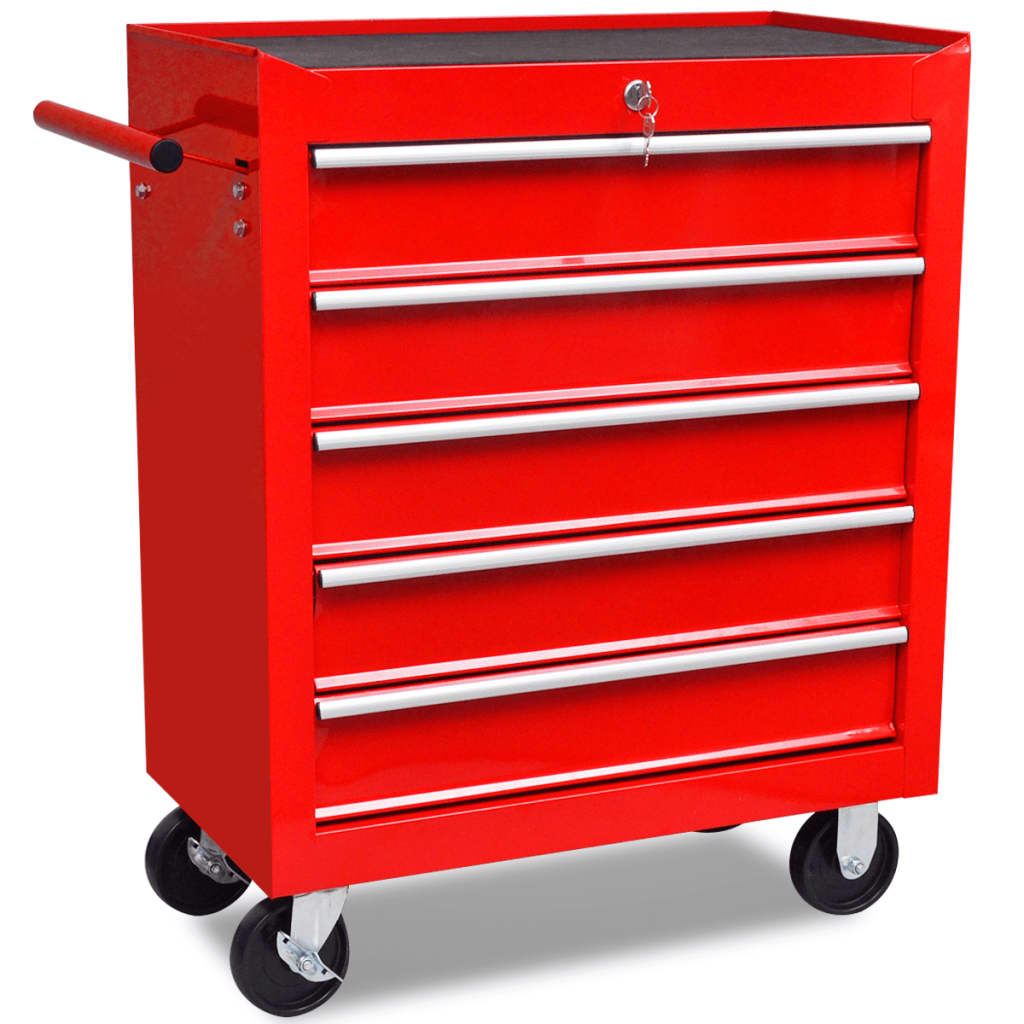 vidaXL Red Workshop Tool Trolley 5 Drawers