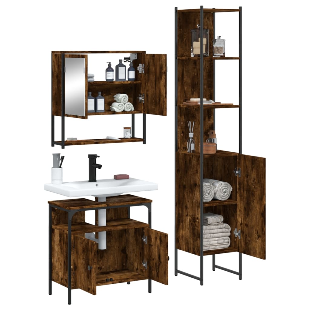 vidaXL 3 Piece Bathroom Furniture Set Smoked Oak Engineered Wood