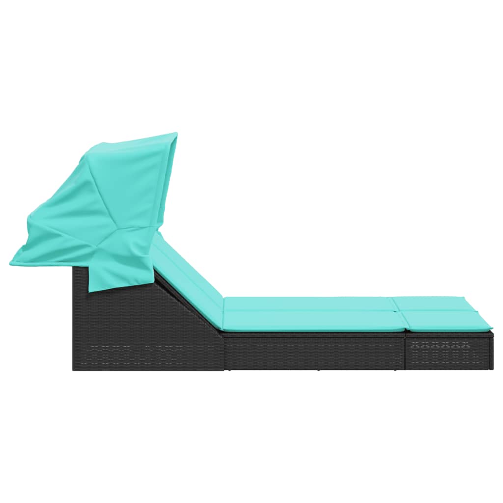 vidaXL Double Sun Lounger with Canopy and Cushions Black Poly Rattan