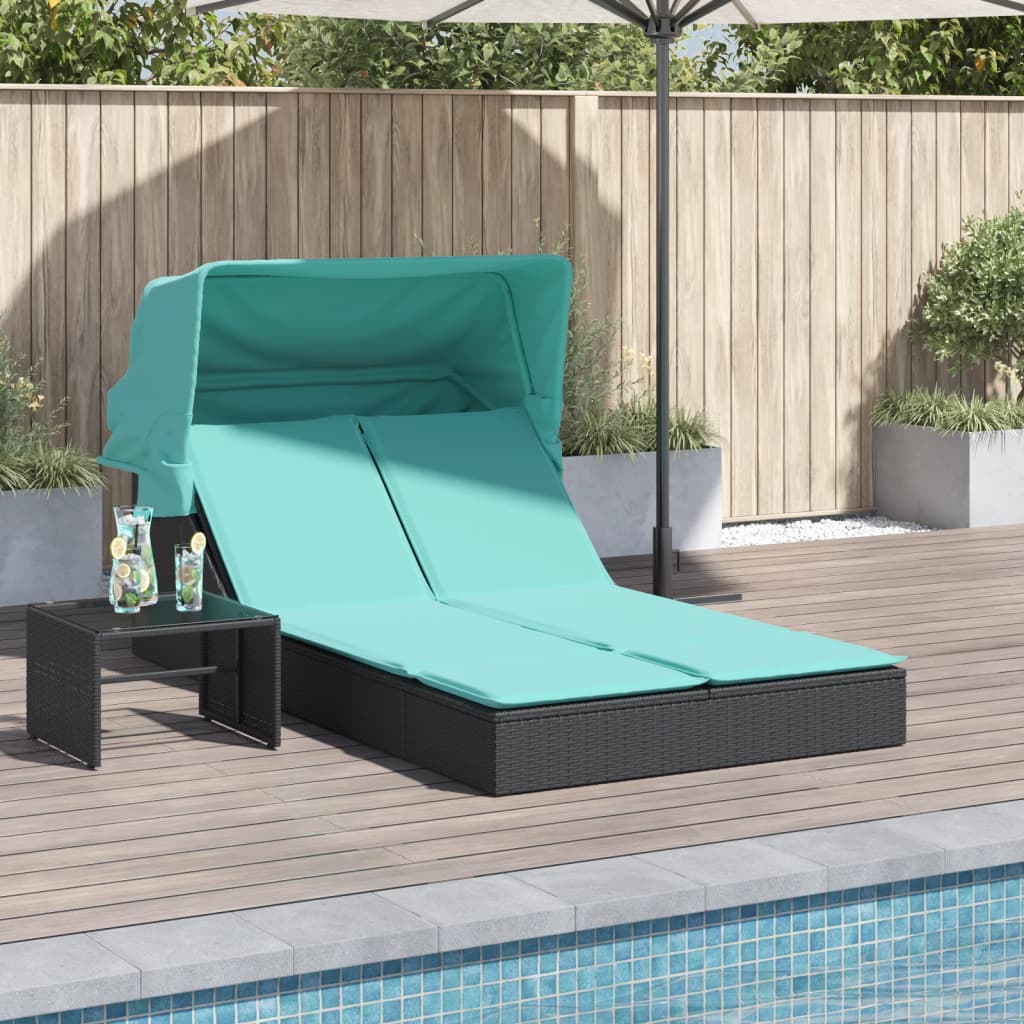 vidaXL Double Sun Lounger with Canopy and Cushions Black Poly Rattan