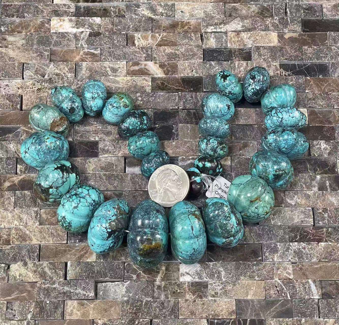 Rare Turquoise Graduated Carved Pumpkin Shape