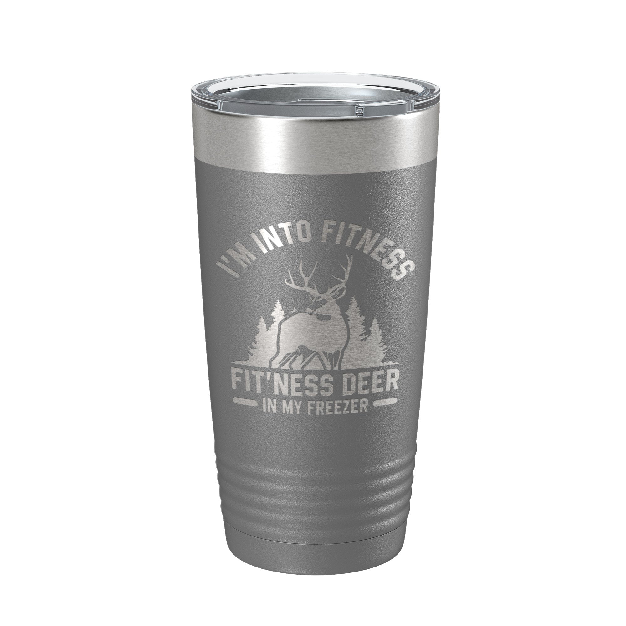 Funny Deer Hunter Travel Mug next to a campfire