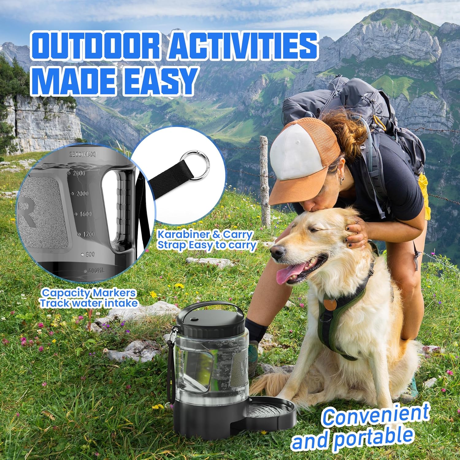 95OZ Dog Water Bottle being used during a hiking trip with a dog