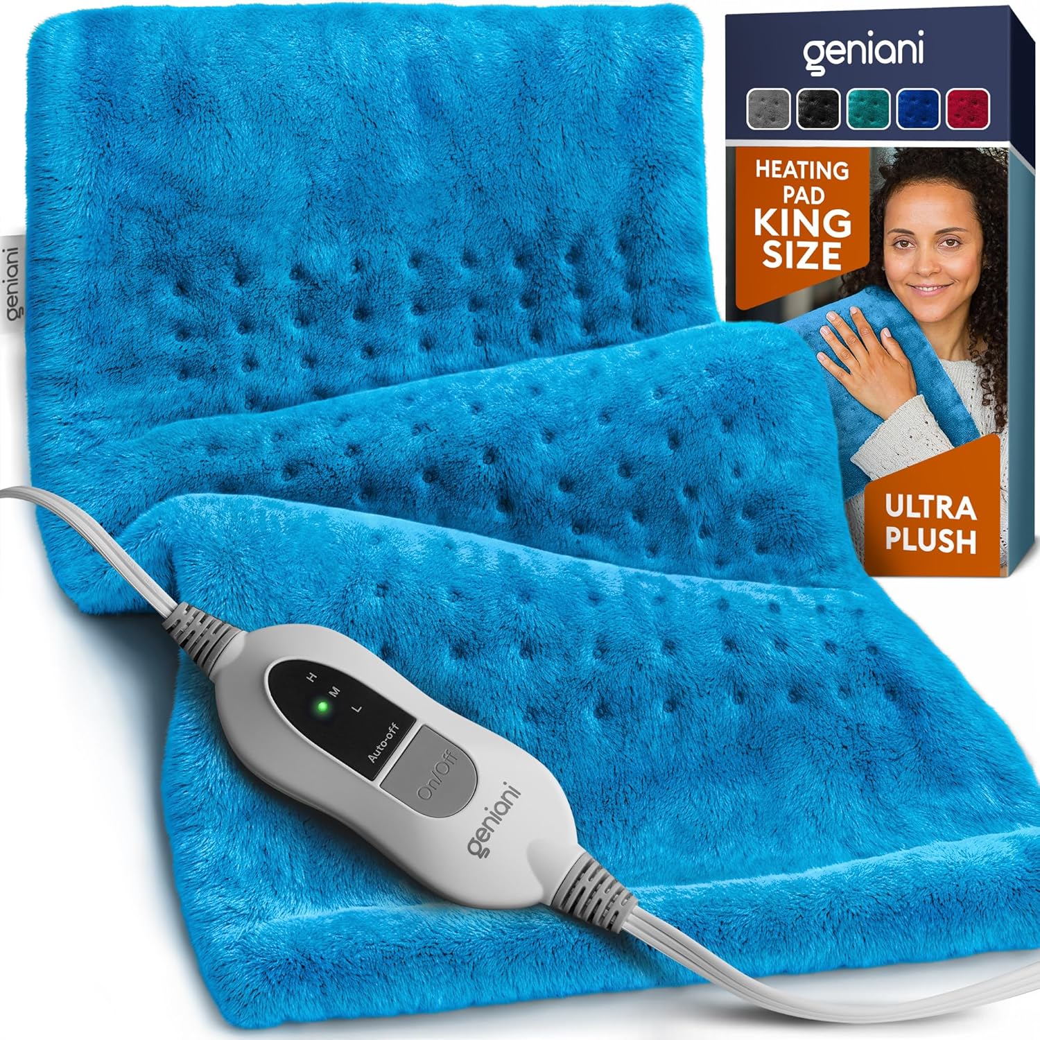 Side view of Geniani Extra Large Aqua Blue Heating Pad showing adjustable controls.