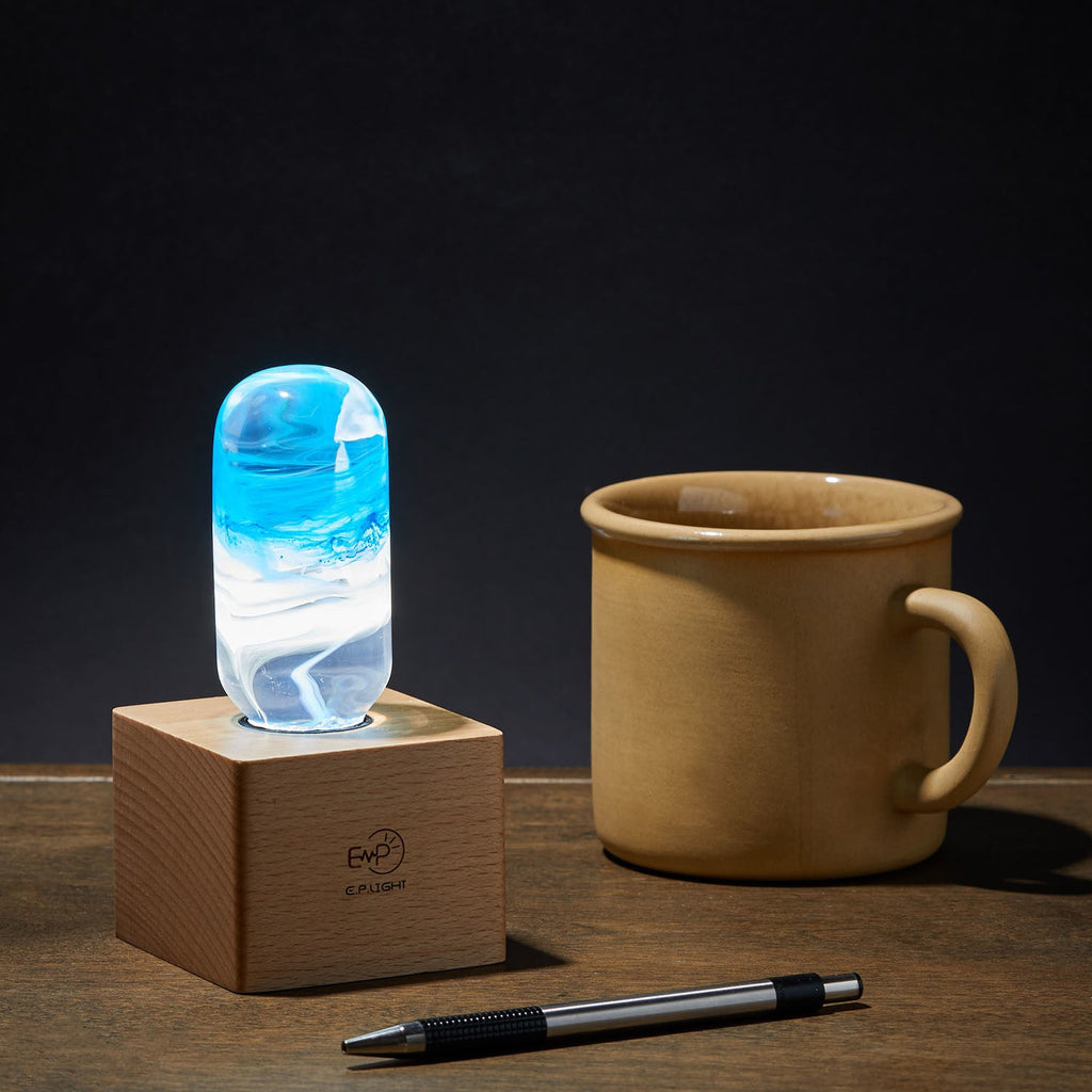 Side angle of Eco-Friendly Blue LED Lamp by EP LIGHT highlighting its craftsmanship