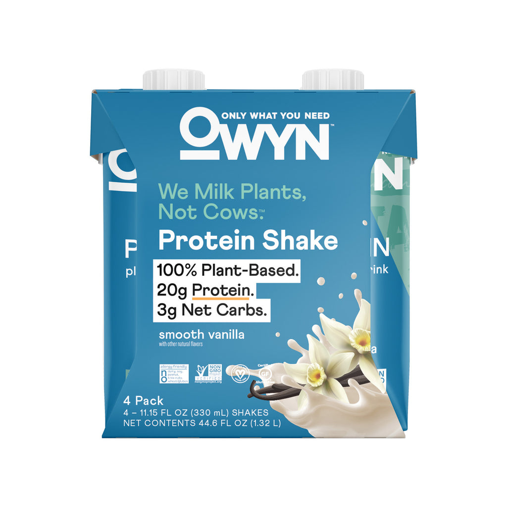 Close-up of OWYN Protein Smoothie Vanilla bottle showcasing label