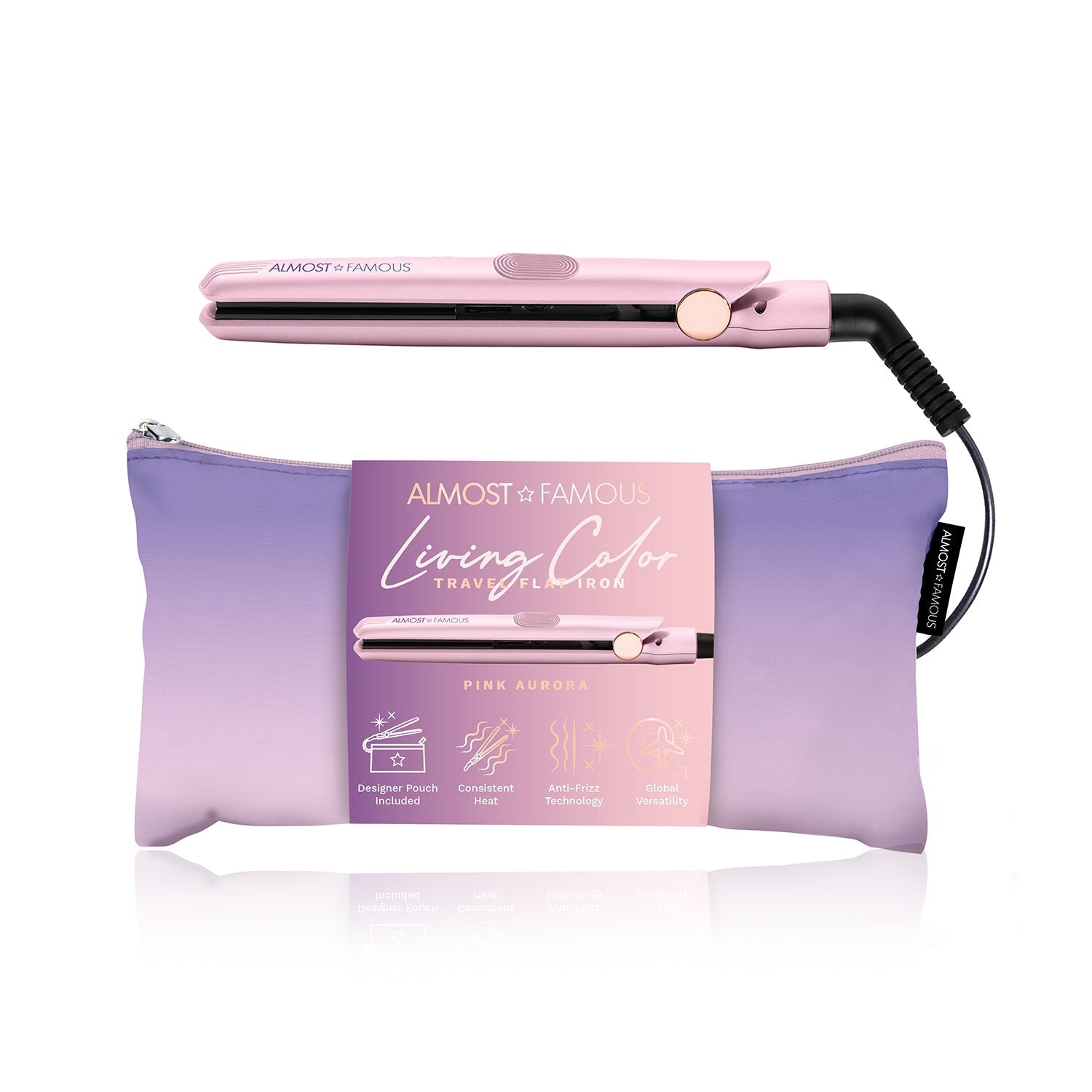 Compact Living Color 0.5" Mini Flat Iron showcased in travel bag by Almost Famous Hair
