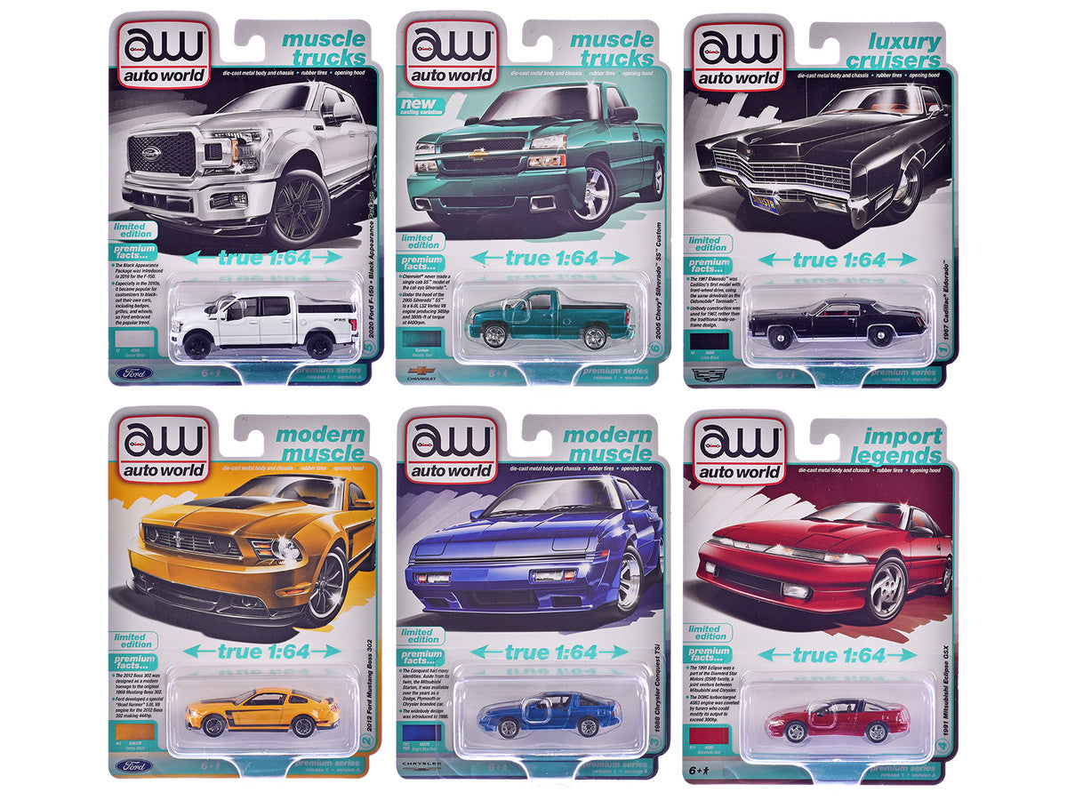 Side view of six unique diecast cars in the 2025 release set