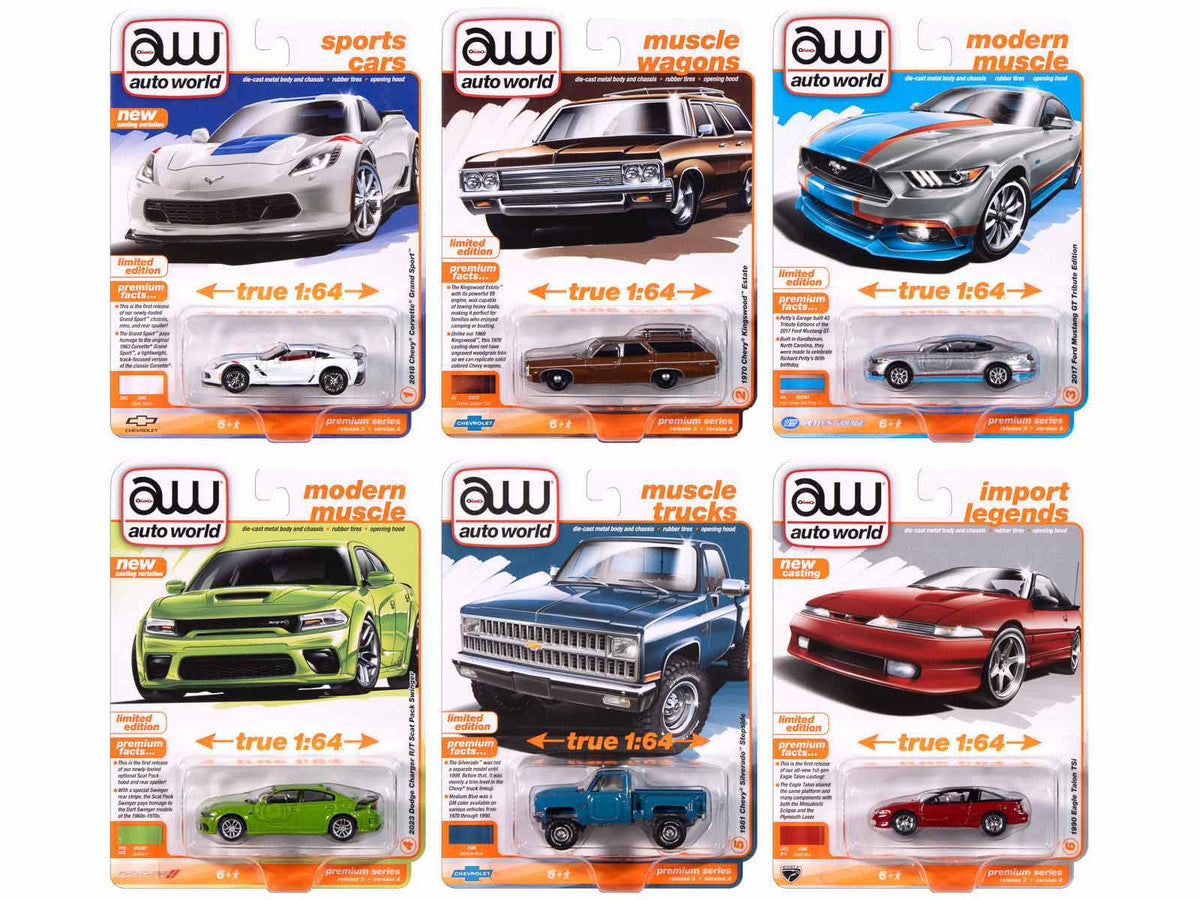 Side perspective of Auto World 2024 Diecast Model Car Collection showcasing six models