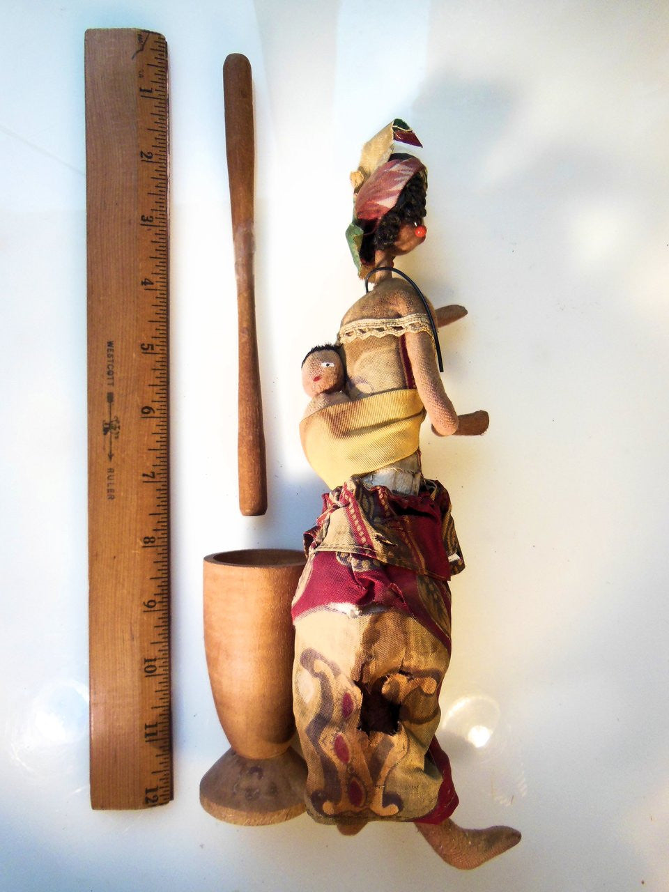 Back view of Handcrafted Doll with child on mother’s back