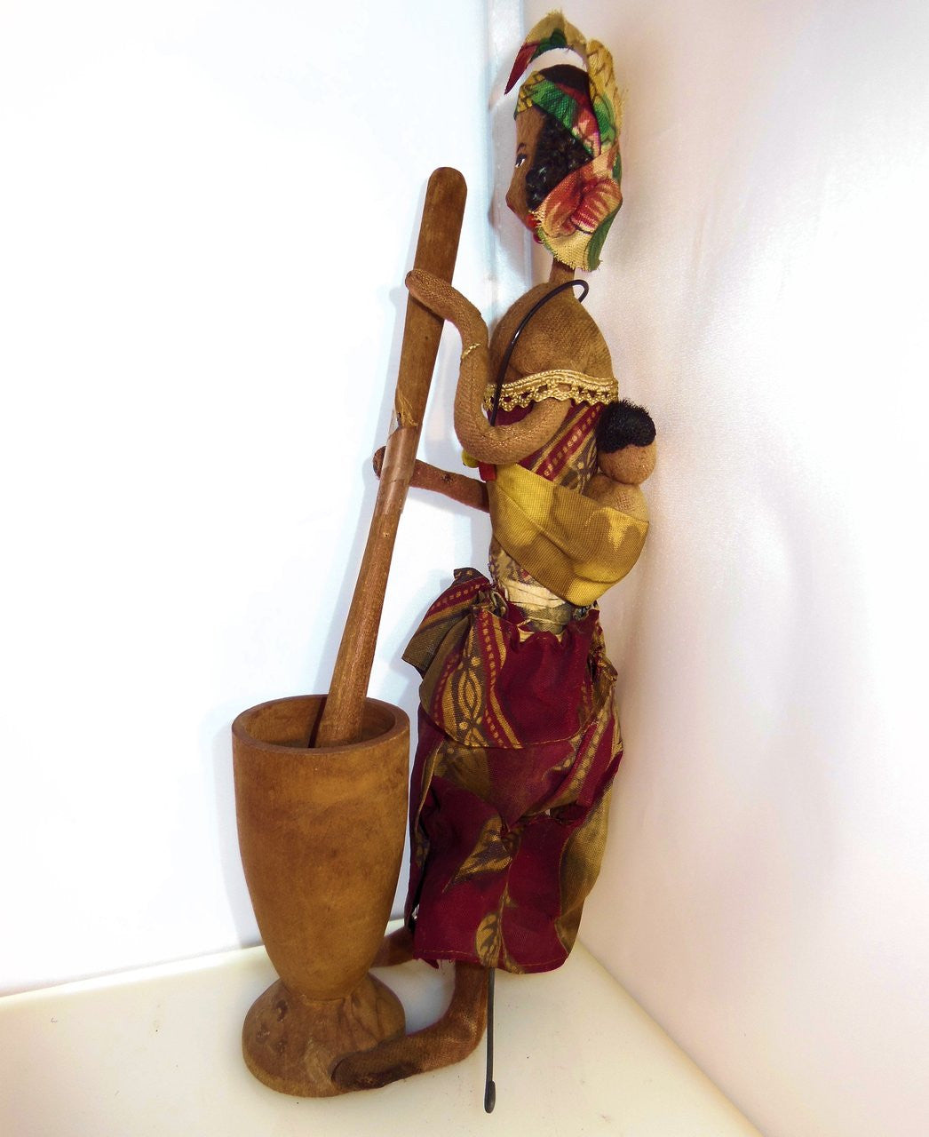 Close-up of intricate patterns on doll's clothing