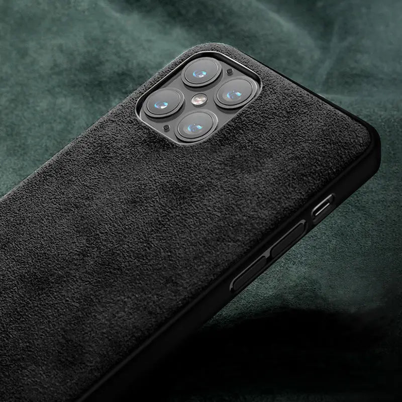 Side angle of Elegant Handcrafted Suede Phone Case showcasing premium suede