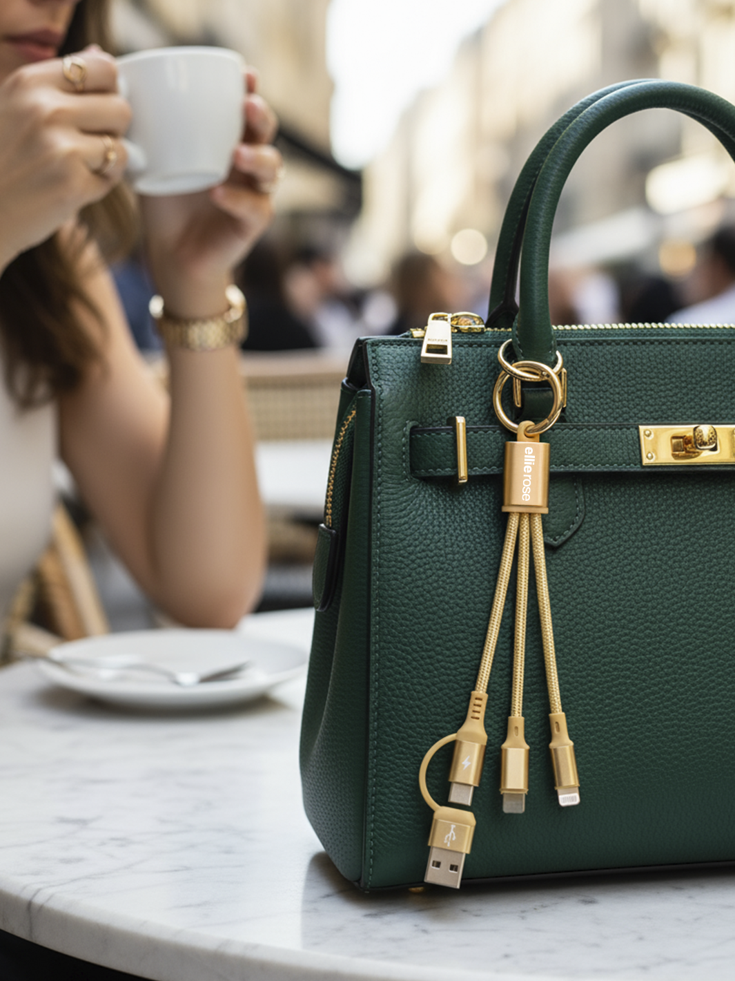 Elegant Gold 4-in-1 Keychain Charger held in hand for scale