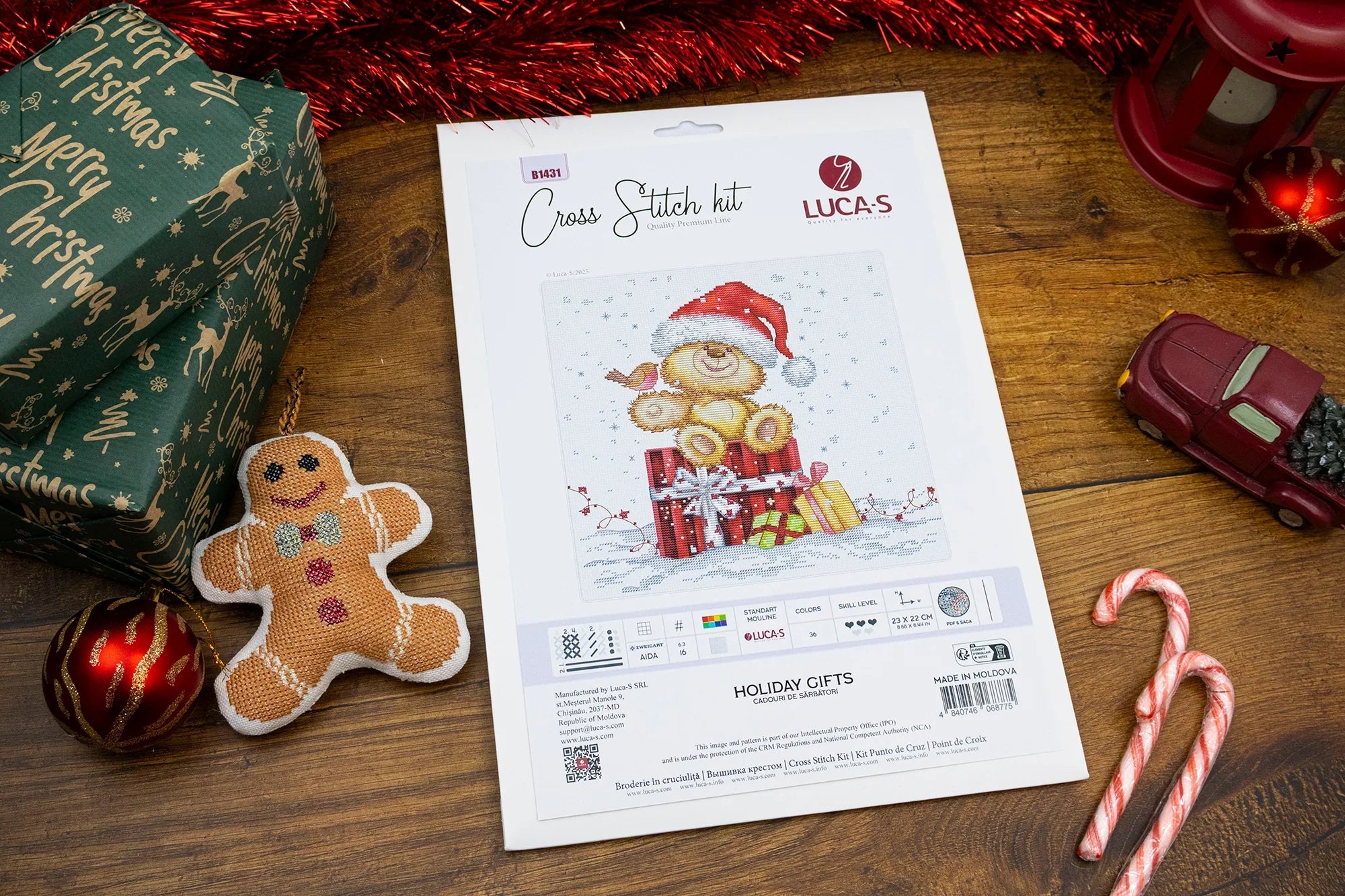 Completed festive design from the Luca-S Holiday Counted Cross-Stitch Kit