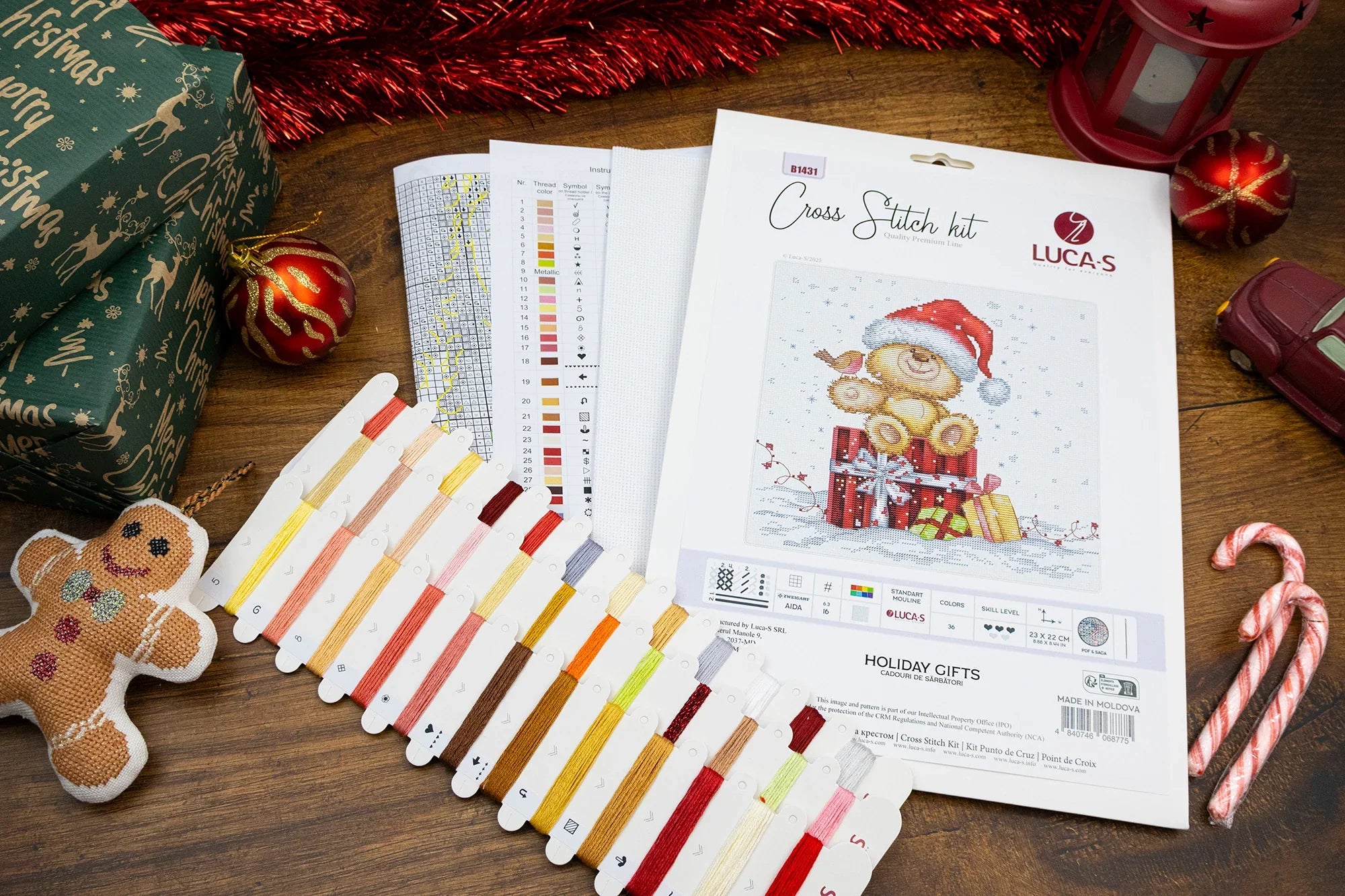 Luca-S Holiday Counted Cross-Stitch Kit showcasing needle and instructions